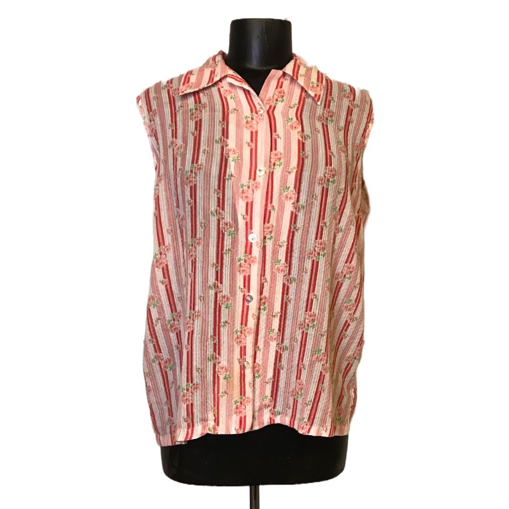 Stylish Pink Striped Rosebud Print Vintage Top